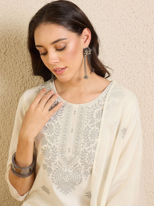 Women Ethnic Motifs Embroidered Regular Thread Work Pure Cotton Kurta with Trousers & With Dupatta