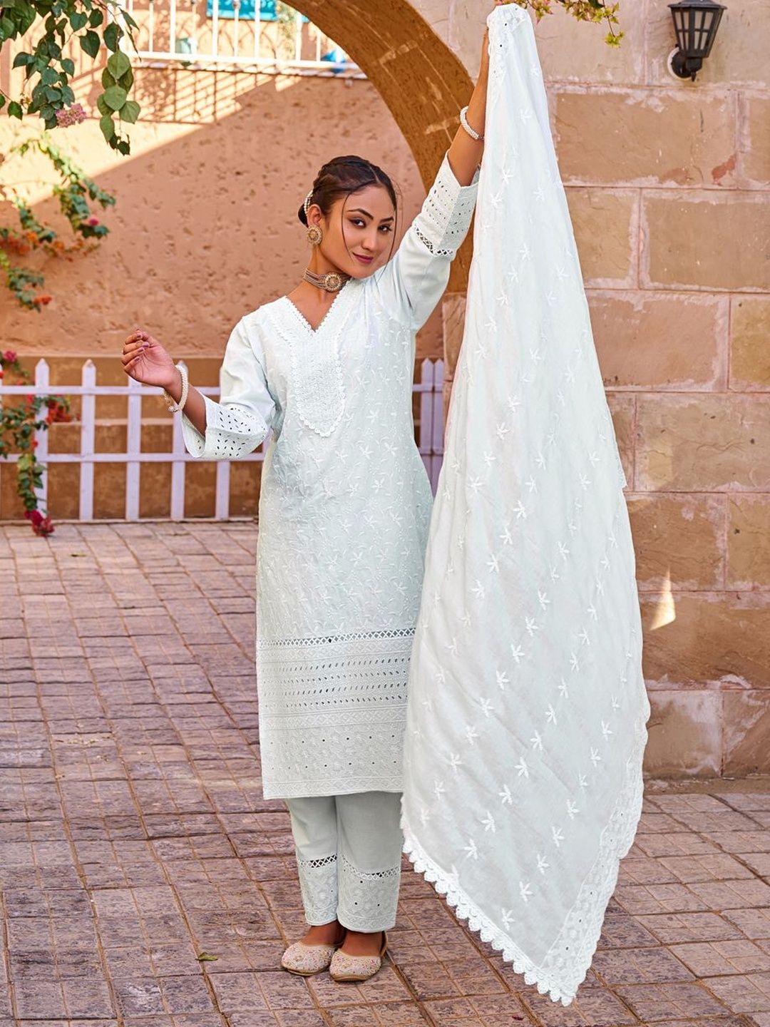 Women Ethnic Motifs Embroidered Regular Chikankari Pure Cotton Kurta with Trousers & With Dupatta