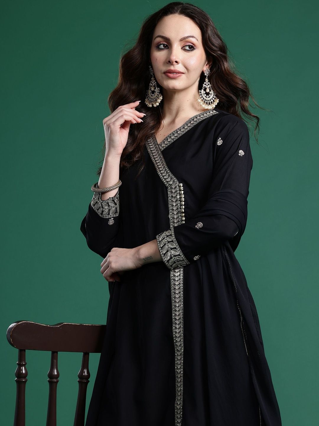 Ethnic Motifs Embroidered Angrakha Thread Work Kurta with Trousers & Dupatta