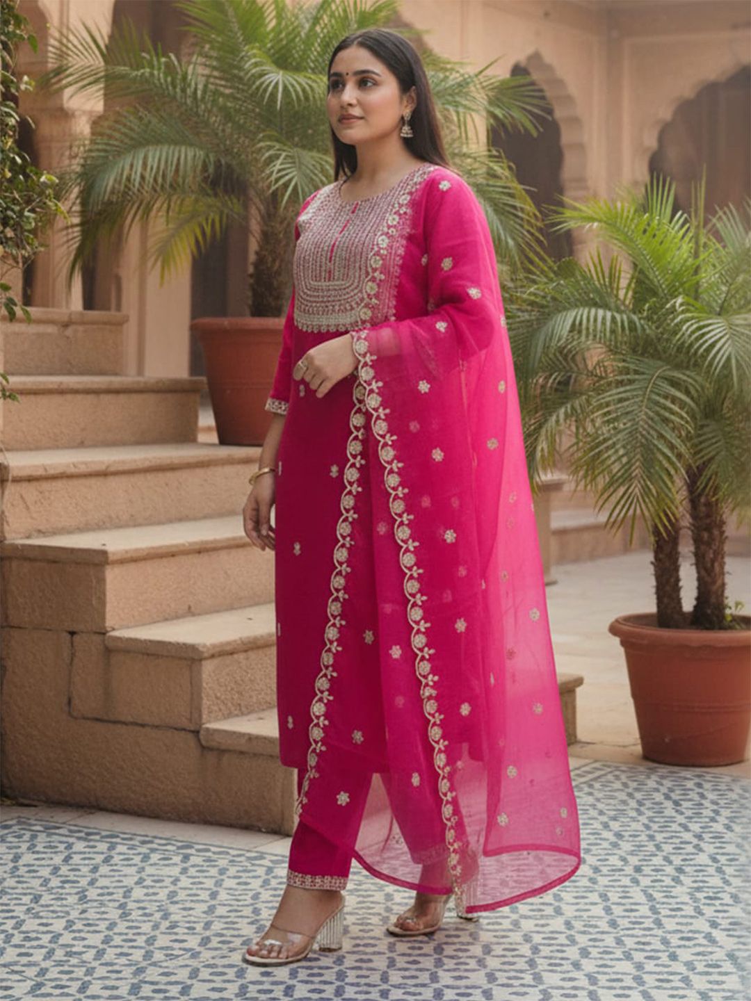 Women Ethnic Motifs Embroidered Kurta with Trousers & Dupatta