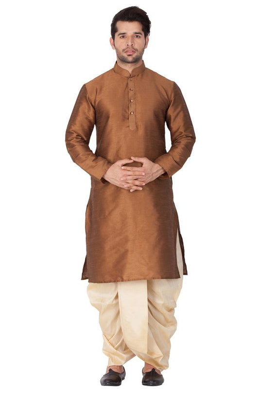 Men's Brown Silk Blend Straight Kurta and Dhoti Set