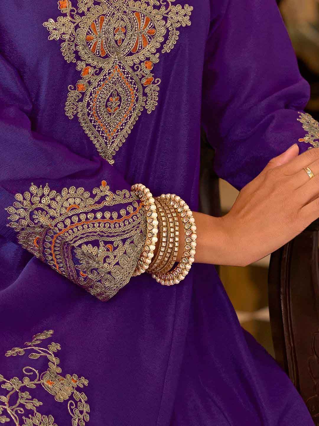 Floral Embroidered Sequinned Chinon A-Line Kurta With Palazzos & Dupatta