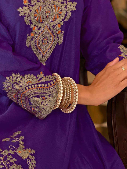 Floral Embroidered Sequinned Chinon A-Line Kurta With Palazzos & Dupatta