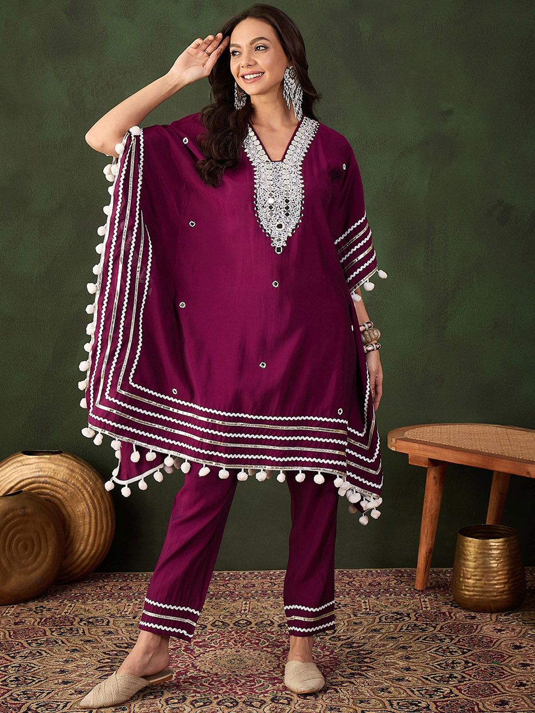 Dhiyona SN Women's Purple Geometric Embroidered Mirror Work Roman Silk Kurta With Trouser