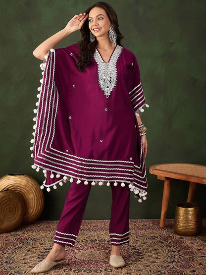 Dhiyona SN Women's Purple Geometric Embroidered Mirror Work Roman Silk Kurta With Trouser