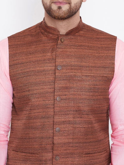 Men's Pink Cotton Blend Straight Jacket  Kurta and Pyjama Set