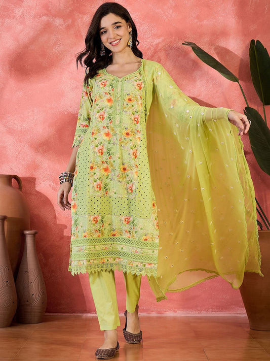 Dhiyona SN Women's Floral Printed Pure Cotton Sweetheart Neck Straight Kurta With Trousers & Dupatta