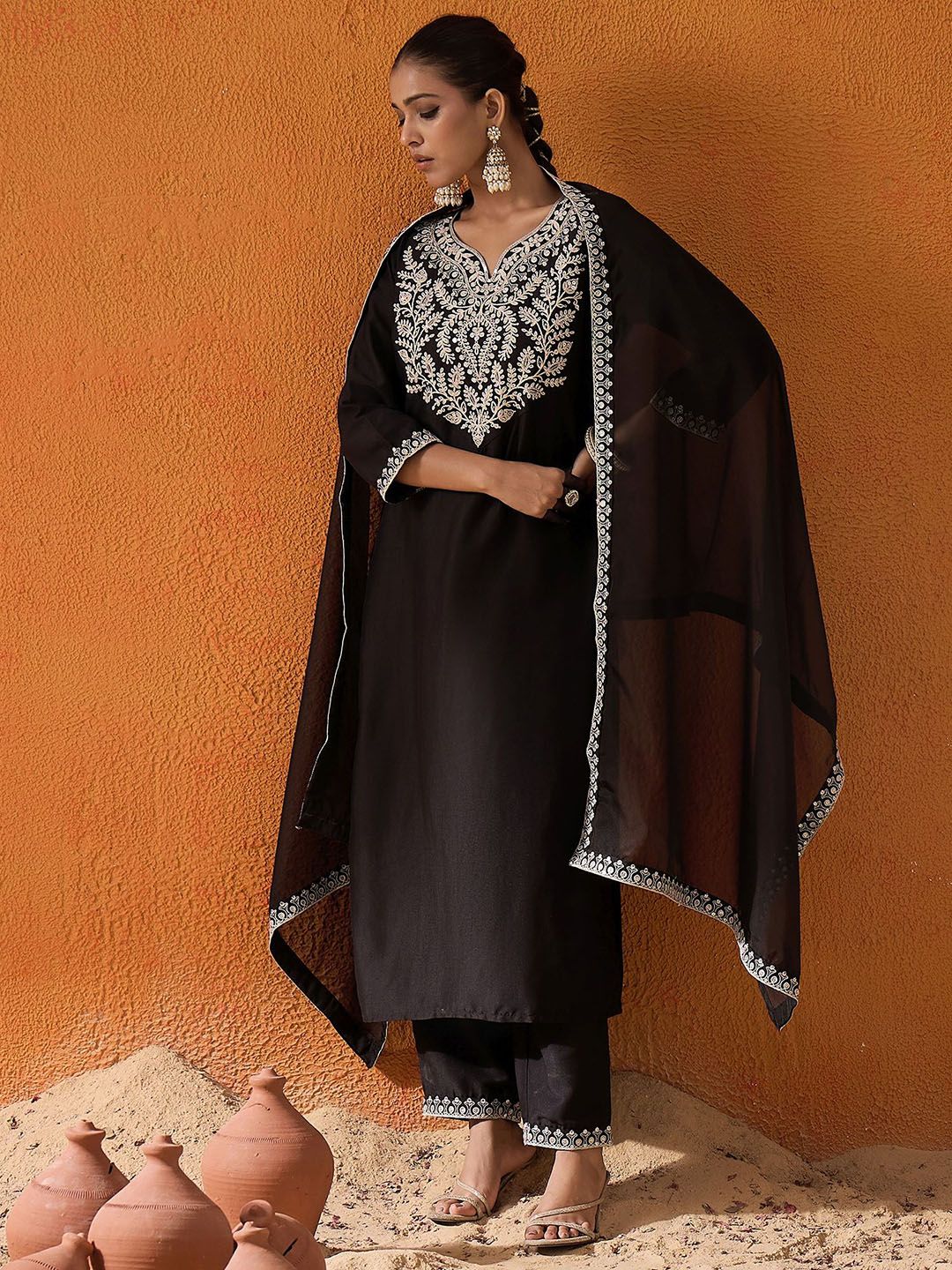 Dhiyona IE Black Floral Yoke Design Straight Sequinned Kurta With Trousers & Dupatta