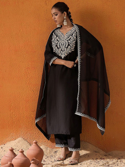 Black Floral Yoke Design Straight Sequinned Kurta With Trousers & Dupatta