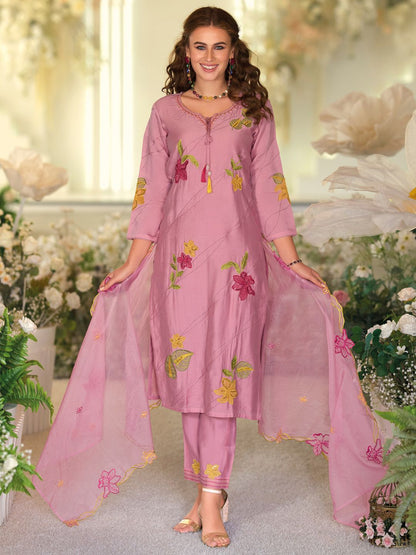 Floral Embroidered Tie-Up Neck Kurta With Trousers & Dupatta