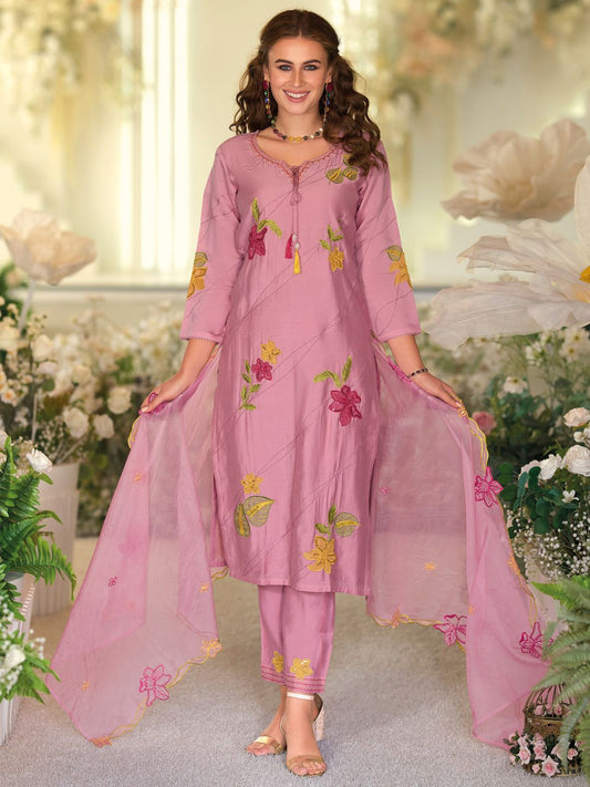 Floral Embroidered Tie-Up Neck Kurta With Trousers & Dupatta