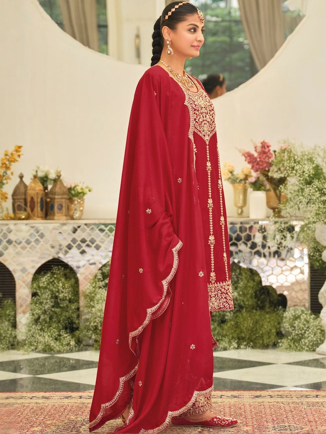 Ethnic Motifs Embroidered Straight Kurta With Palazzos & Dupatta