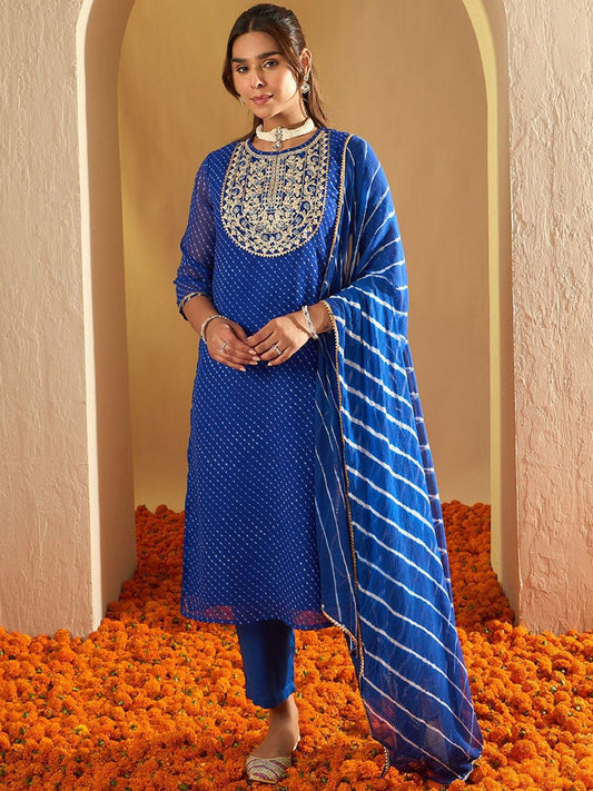 Leheriya Printed Thread Work Round Neck Georgette Kurta With Trousers & Dupatta