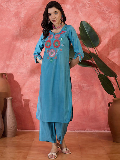 Dhiyona SN Women's Floral Yoke Design Notch Neck Sequinned Straight Kurta With Trouser