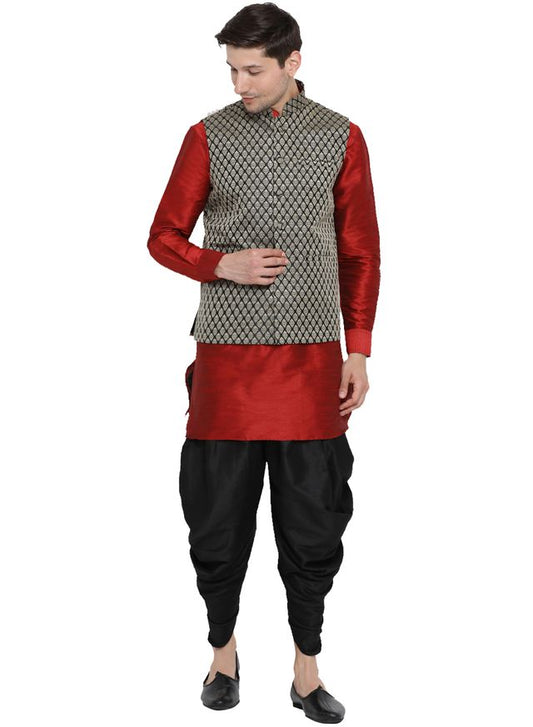 Men's Maroon Silk Blend Straight Jacket  Kurta and Dhoti Set