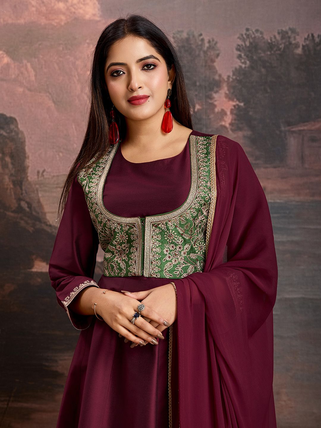 Dhiyona PD Women Anarkali Kurta Trousers & Dupatta With Embroidered Jacket