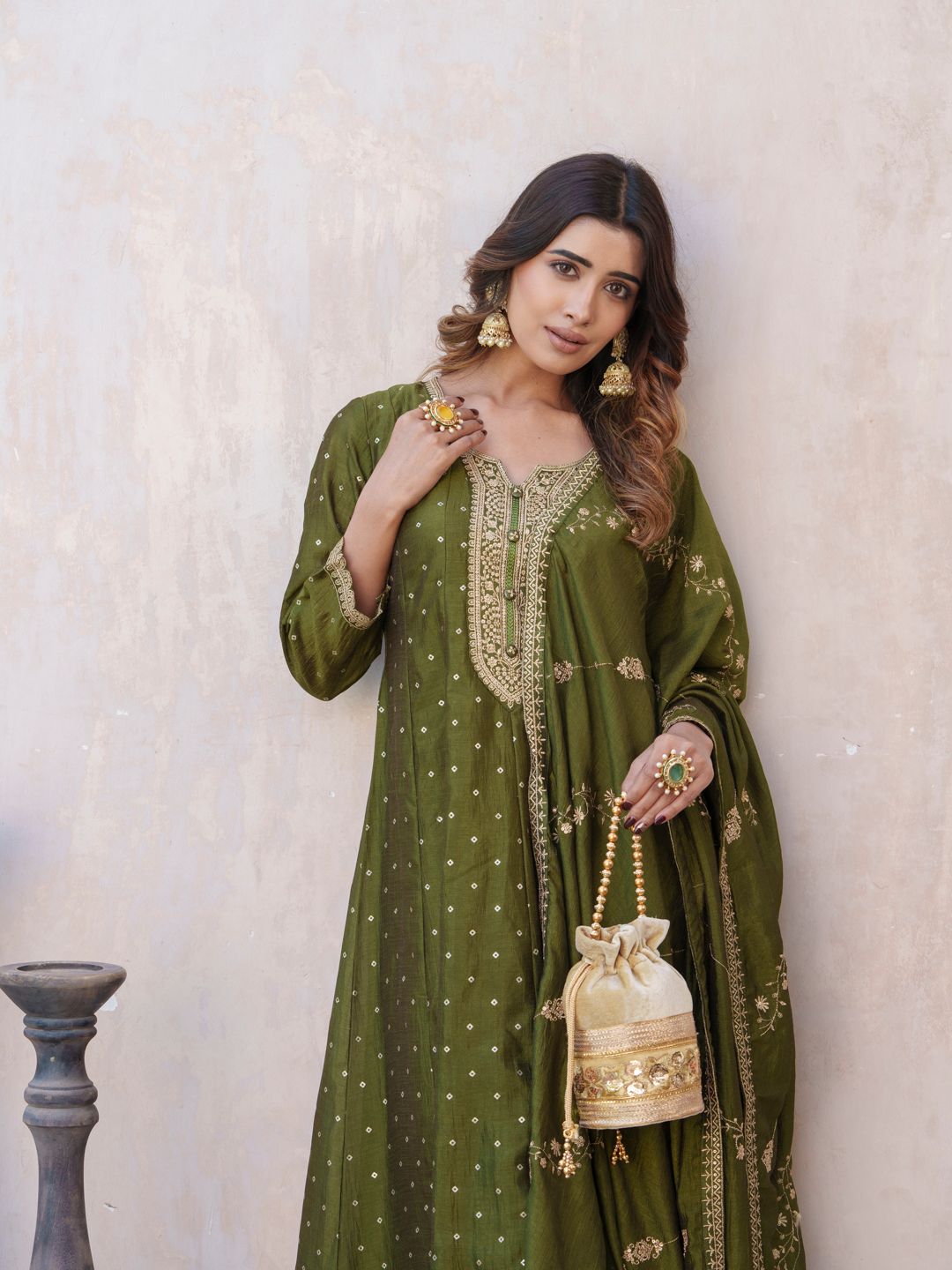 Dhiyona PD Women Bandhani Printed Panelled Anarkali Kurta With Trouser & Dupatta