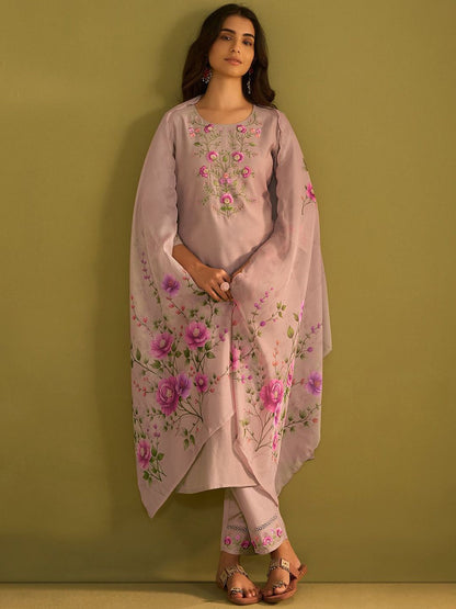 Floral Embroidered Straight Thread Work Kurta With Trousers And Dupatta