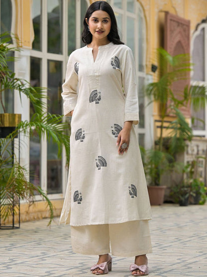 Animal Embroidered Regular Thread Work Pure Cotton Kurta With Palazzos