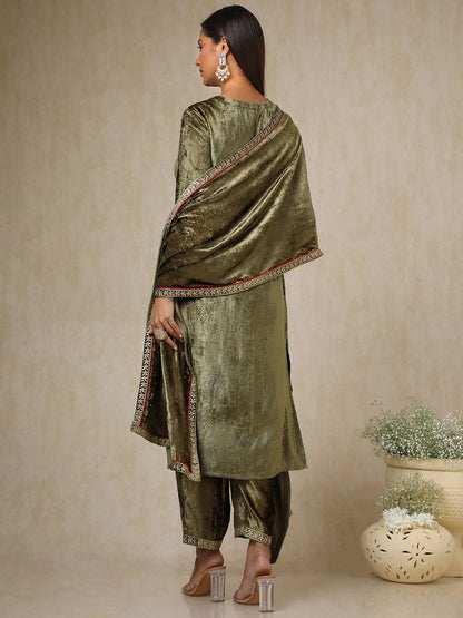 Dhiyona SO Women's Women Paisley Embroidered Regular Thread Work Velvet Kurta with Trousers & With Dupatta