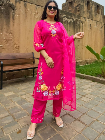 Ethnic Motifs Embroidered Round Neck Thread Work Kurta with Trousers & Dupatta