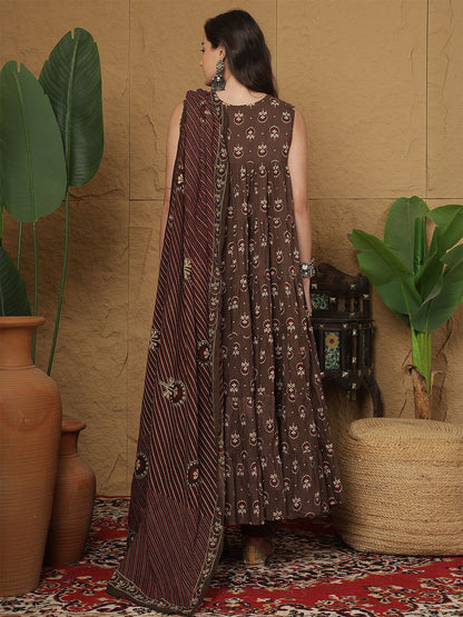 Dhiyona SN Women's Ethnic Motifs Printed Cotton Anarkali Kurta with Trousers & Dupatta