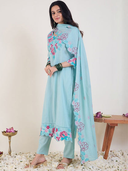 Floral Embroidered Thread Work Pure Cotton Straight Kurta & Trousers With Dupatta