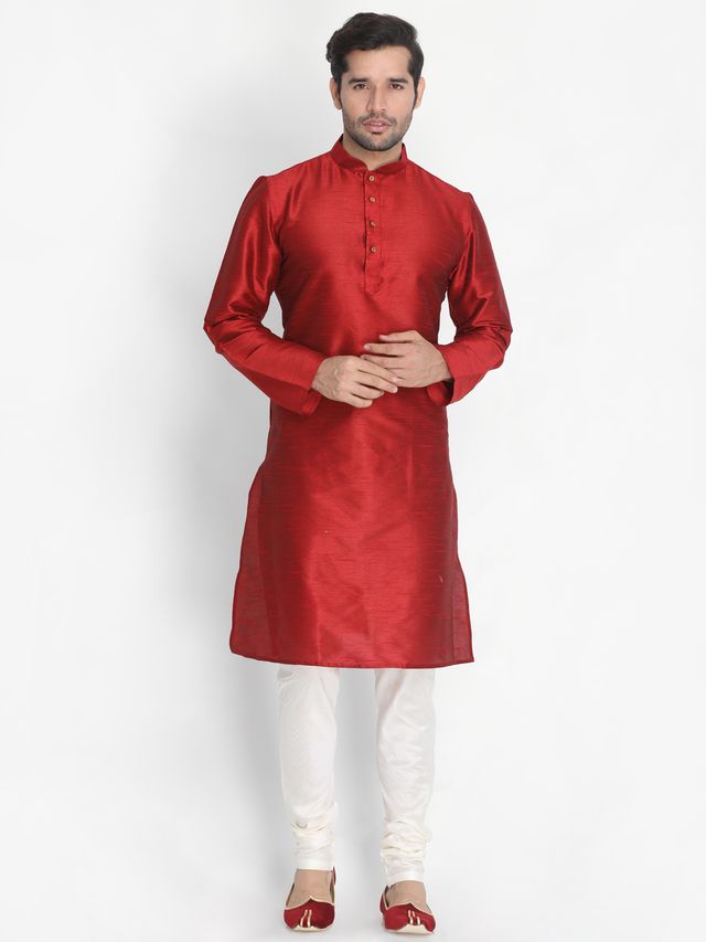 Men's Maroon Silk Blend Straight Kurta Pyjama Set
