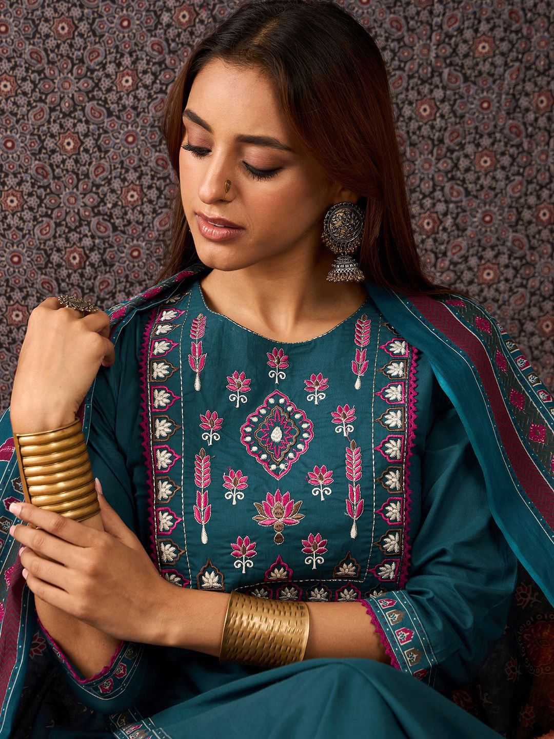 Floral Embroidered Thread Work Pure Cotton Straight Kurta With Trouser & Dupatta