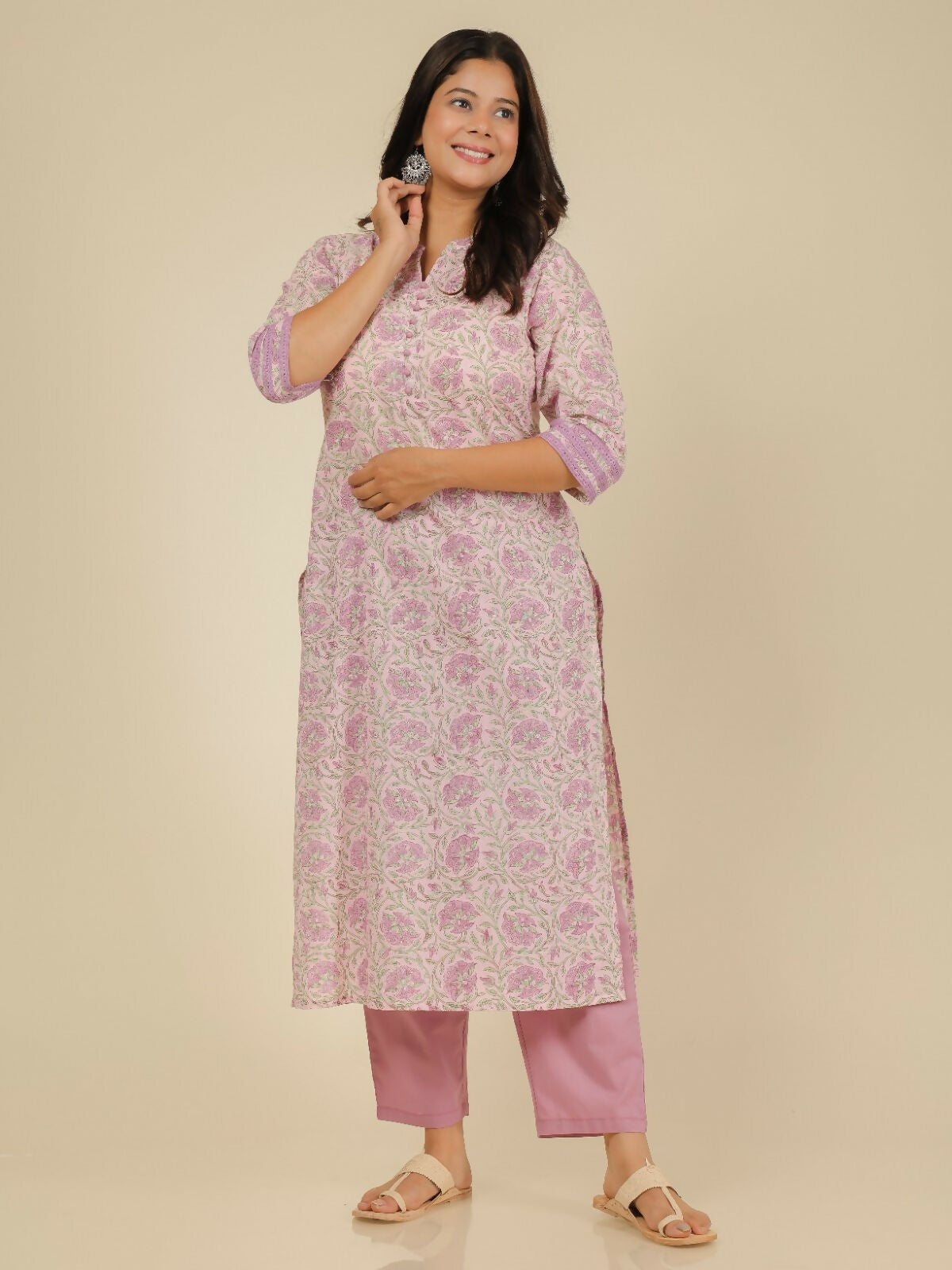 Women's Pink Soft Cotton Floral Print Straight Kurta Pant Set for Women