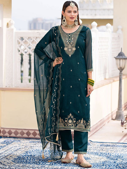 Dhiyona CH Embroidered Round Neck Thread Work Straight Kurta With Trousers & Dupatta