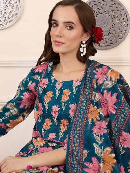 Women Floral Printed Regular Pure Cotton Kurta with Trousers & With Dupatta
