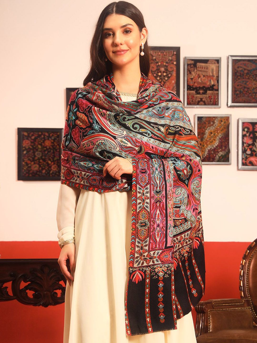 Dhiyona PA Rangrez Pure Wool Kalamkari Paisley Embroidered Shawl