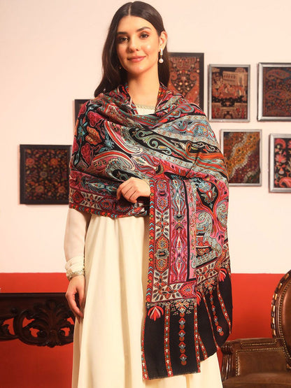 Dhiyona PA Rangrez Pure Wool Kalamkari Paisley Embroidered Shawl