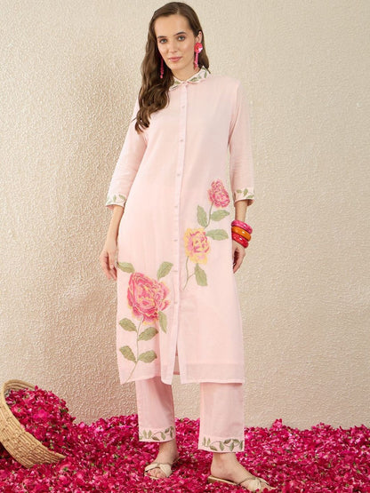 Women Floral Embroidered Regular Thread Work Pure Cotton Kurta with Trousers