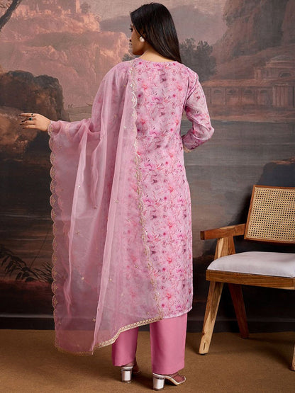 Dhiyona PD Women Floral Printed & Embroidered Organza Kurta & Trousers with Net Dupatta
