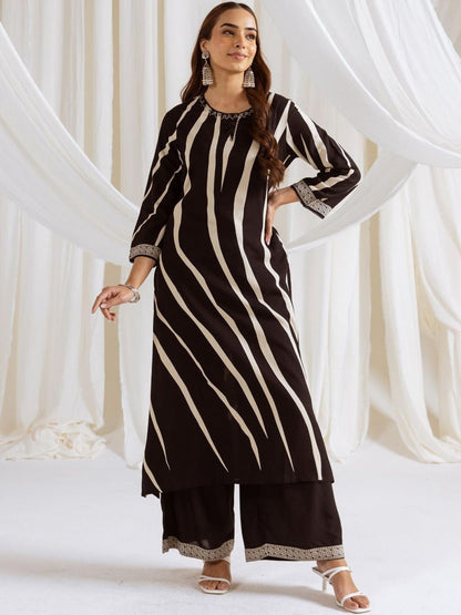 Women Striped Printed Beads and Stones Kurta with Palazzos