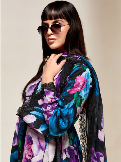 Dhiyona IE Women Floral Embroidered Empire Thread Work Kurta with Trousers & With Dupatta