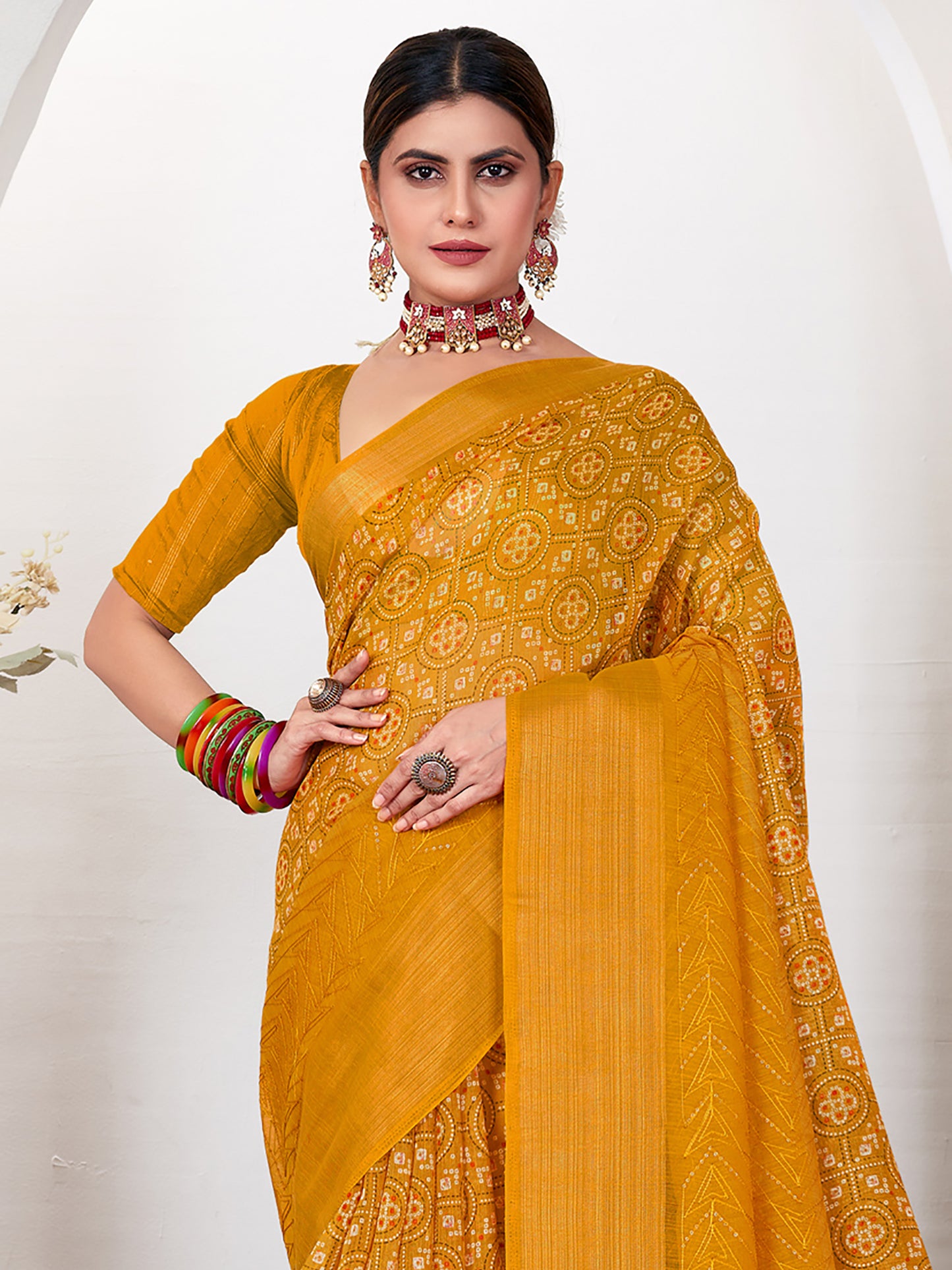 Women's Soft Silk Mustard Embroidered Designer Saree With Blouse Piece