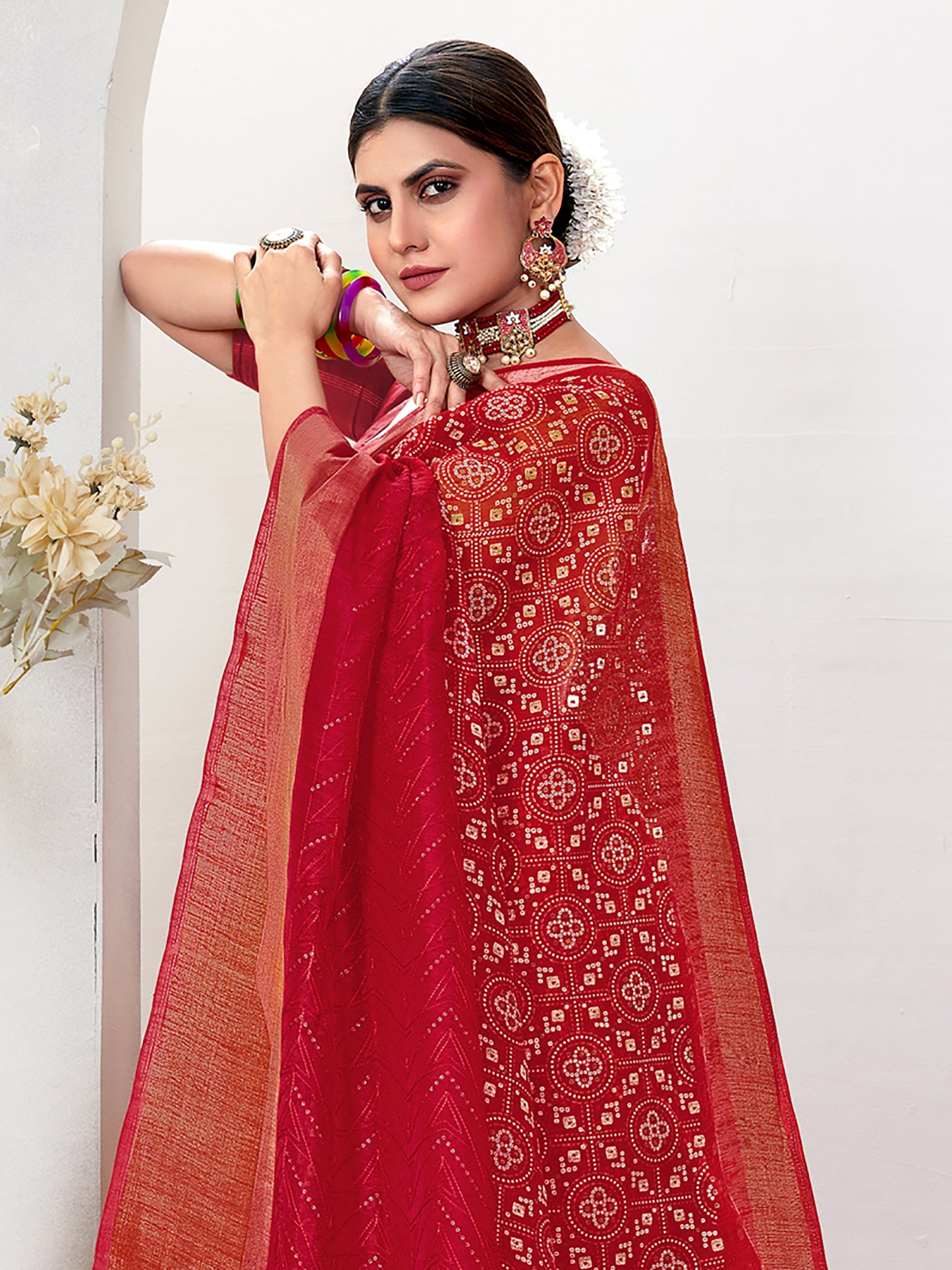 Women's Soft Silk Red Embroidered Designer Saree With Blouse Piece