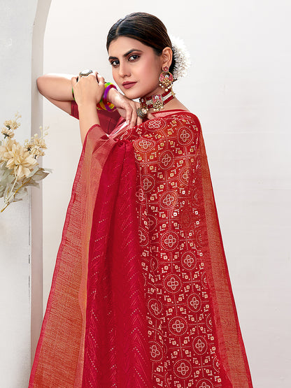 Women's Soft Silk Red Embroidered Designer Saree With Blouse Piece