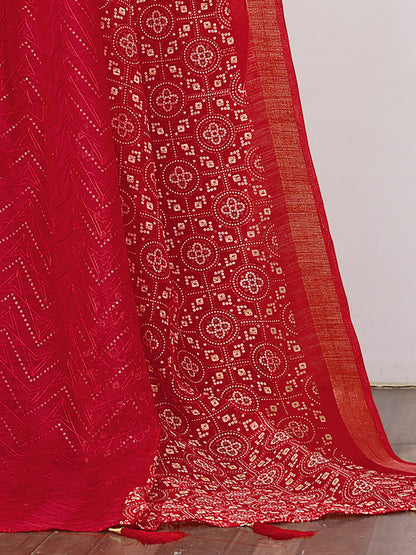 Women's Soft Silk Red Embroidered Designer Saree With Blouse Piece