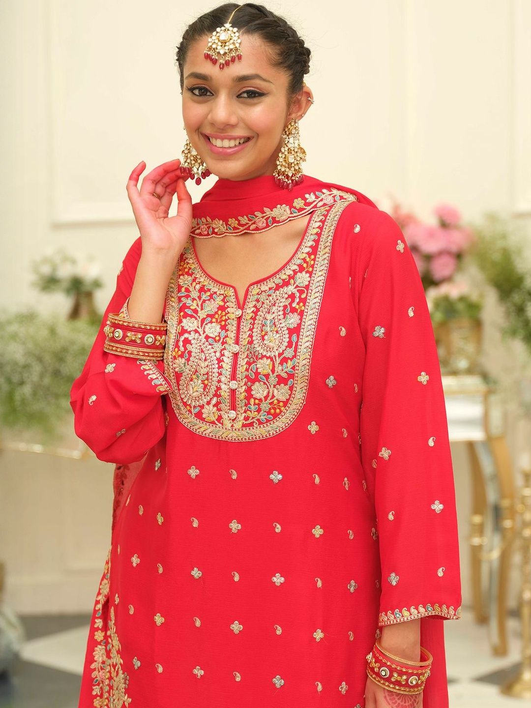 Paisley Embroidered Sweetheart Neck Straight Zari Kurta With Palazzos & Dupatta