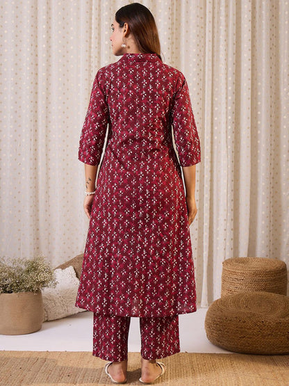 Dhiyona IE Printed Pure Cotton Shirt Collar Neck Tunic With Trousers