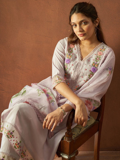 Floral Embroidered Thread Work V-Neck Straight Kurta With Trousers & Dupatta