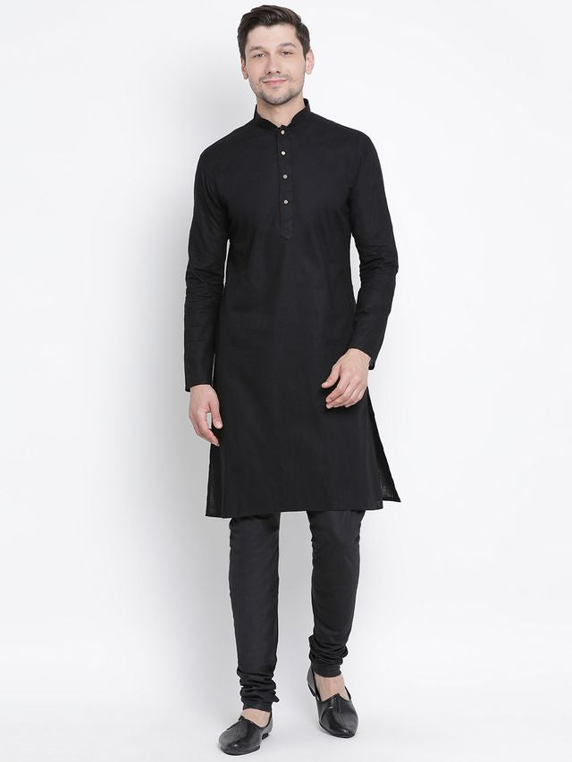 Men's Black Cotton Linen Straight Kurta Pyjama Set