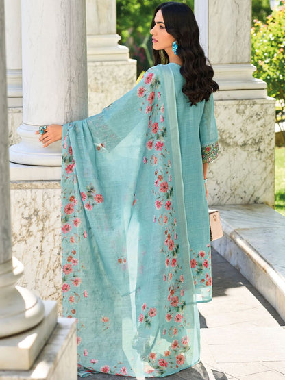 Dhiyona IE Women Floral Yoke Design Regular Thread Work Linen Kurta with Trousers & With Dupatta