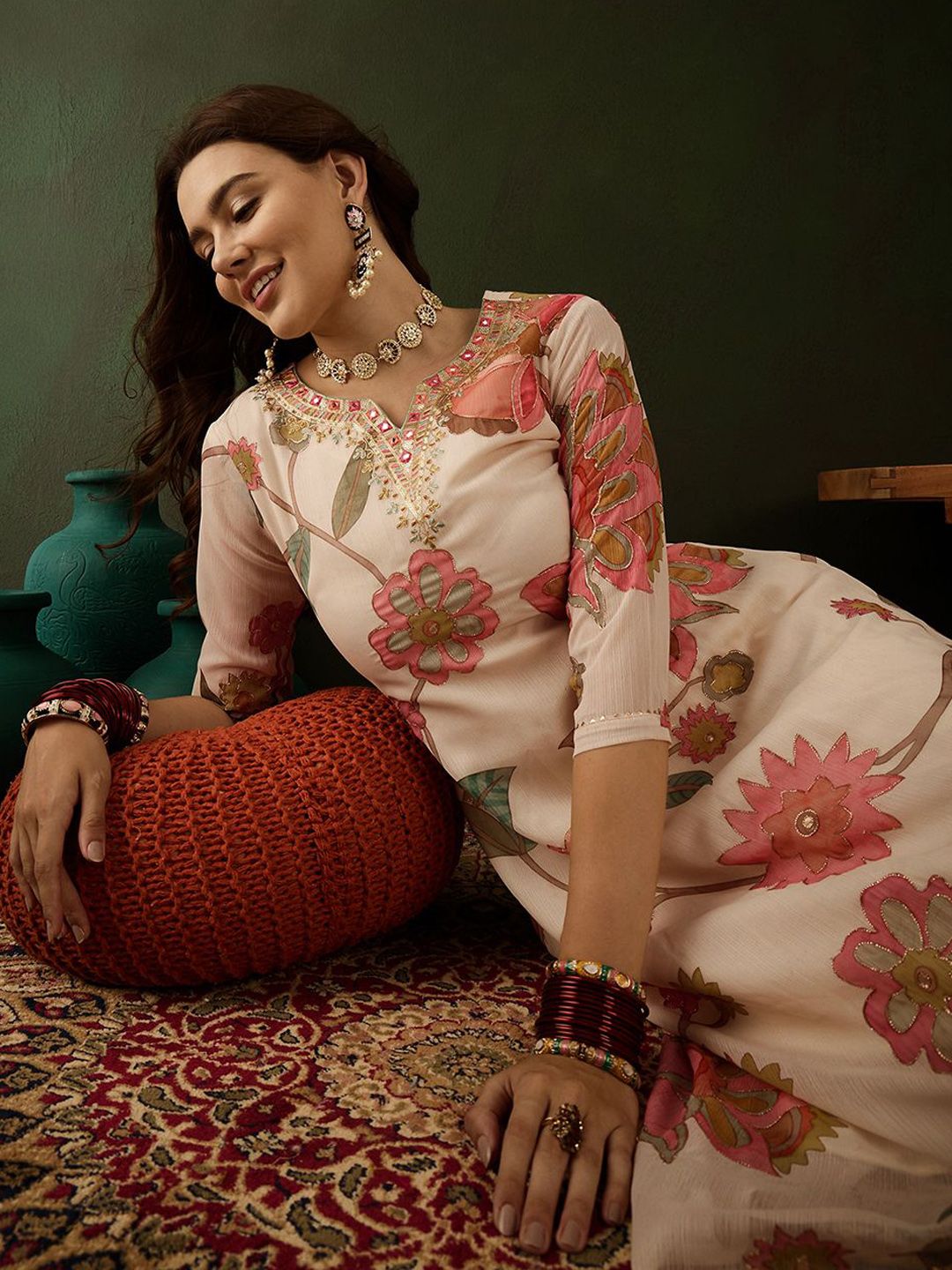 Dhiyona SN Women's Floral Embroidered Mirror Work Kurta with Palazzos