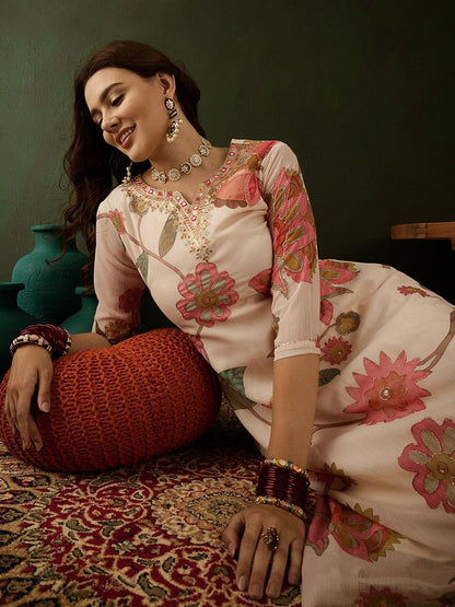 Dhiyona SN Women's Floral Embroidered Mirror Work Kurta with Palazzos