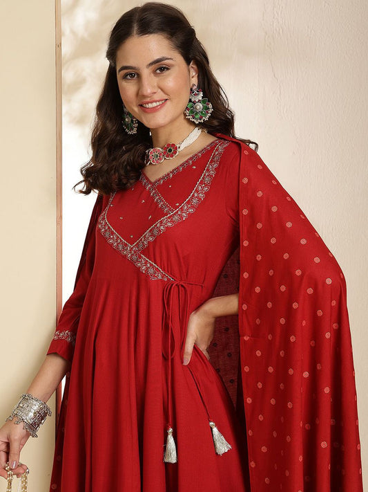 Dhiyona SN Women's Embroidered V-Neck Anarkali Kurta With Trouser & Dupatta